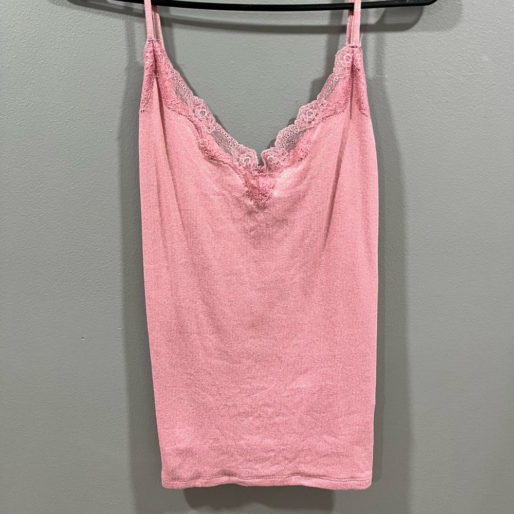 Express Shimmering Pink Lace Detail Top Y2K